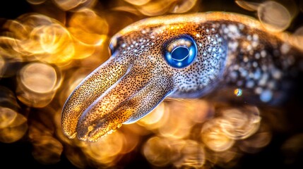 Close-up of a vibrant, translucent squid with speckled skin against a bokeh background.