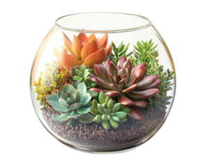 Colorful succulent arrangement in a glass terrarium, vibrant and decorative.