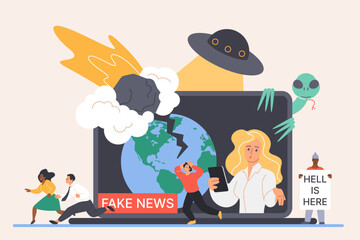 Fake news, online misinformation, stop chaos of disinformation in social media. Tiny people running away in panic, false facts about alien invasion and UFO on laptop screen cartoon vector illustration