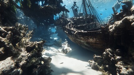 Sunlit underwater shipwreck scene, showing coral reef, sand, and ancient wooden ship remains.