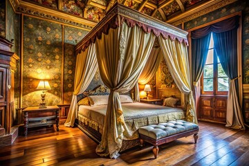 Medieval King Bed, White Canopy, Gold Accents, Luxurious Bedroom, Royal Chamber