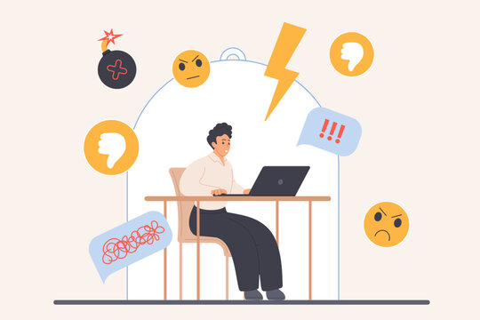Negative feedback pressure, protection in office workplace from criticism of colleagues and boss. Tiny man sitting at computer desk under transparent bubble shield cartoon vector illustration
