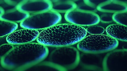 A vibrant close-up of green and blue cellular structures, showcasing intricate patterns and textures reminiscent of microscopic life.