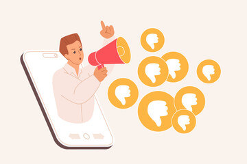 Failure of reputation strategy, negative feedback and hate. Hater and influencer on big smartphone screen holding megaphone to vote thumbs down for product or service cartoon vector illustration
