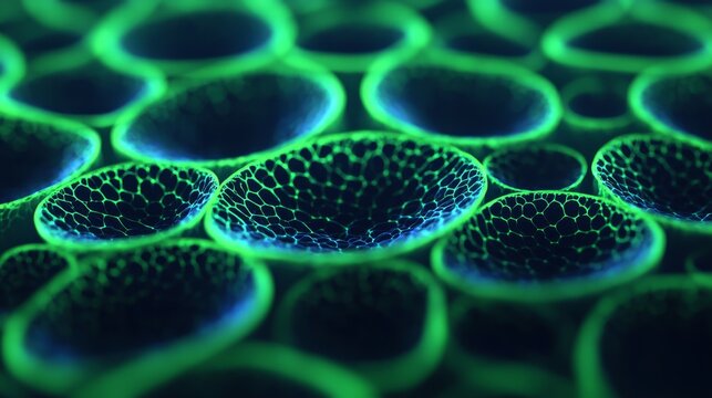 A vibrant close-up of green and blue cellular structures, showcasing intricate patterns and textures reminiscent of microscopic life.