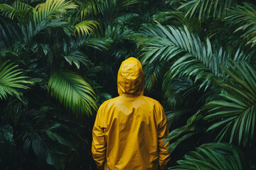 A person is standing in a jungle wearing a yellow raincoat