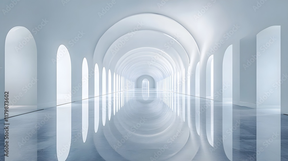 Poster a sequence of reflective arched passageways in a pristine minimalist gallery creates a sense of infi