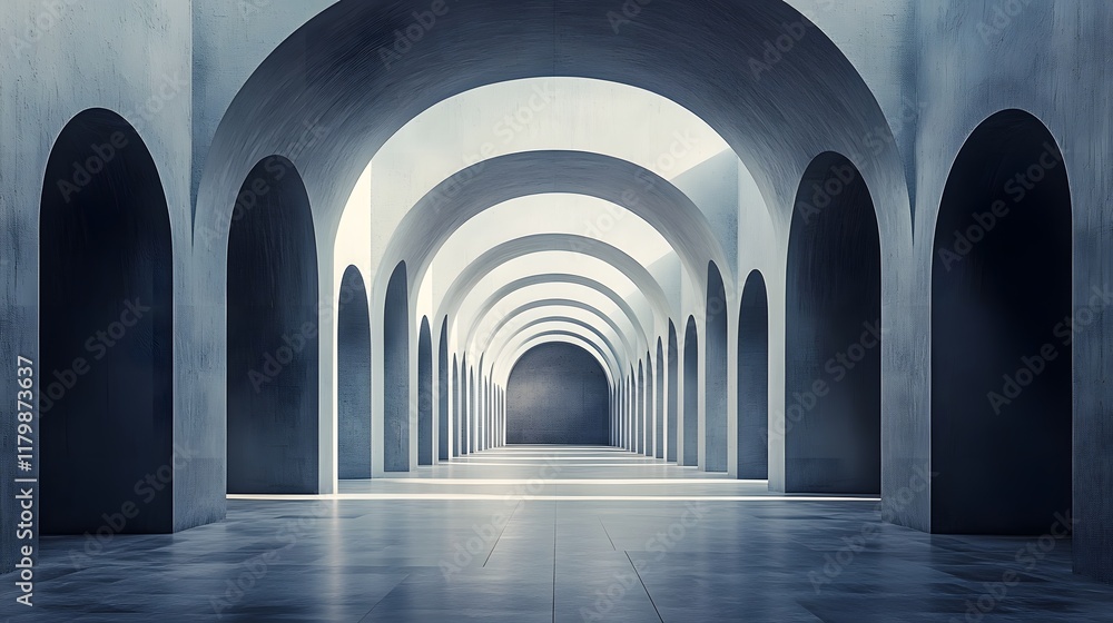 Poster a symmetrical pattern of arched corridors in a bright minimalist museum or gallery setting the high 