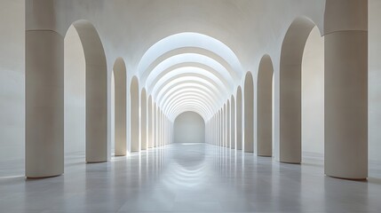Obraz premium A symmetrical pattern of arched white corridors in a bright minimalist museum setting with clean lines and geometric shapes creating an elegant contemporary architectural design