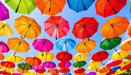 Naklejka premium Rainbow Umbrellas: A Vibrant, Joyful Outdoor Scene