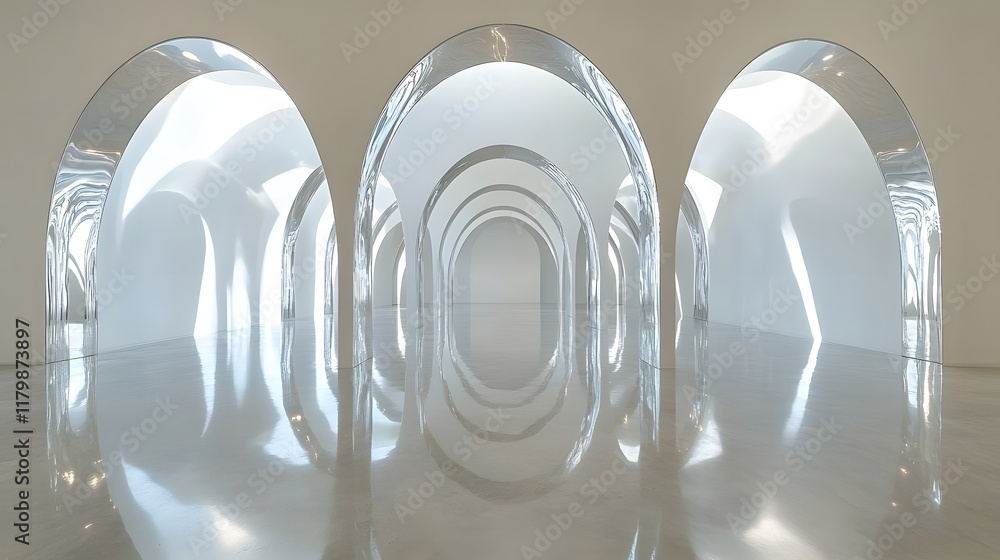 Poster magnificent sequence of reflective arches in a pristine minimalist gallery setting creating a captiv