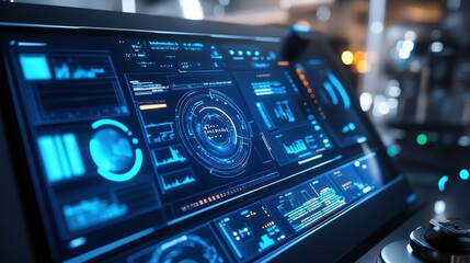 Obraz premium Complex digital interface showing real time information, charts, and key performance indicators - kpis - related to manufacturing processes within a technologically advanced industrial environment