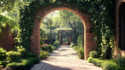 Fototapeta premium Enchanting brick archway enveloped in a lush blanket of verdant ivy creating a timeless and captivating garden passage that exudes an aura of tranquility and natural charm