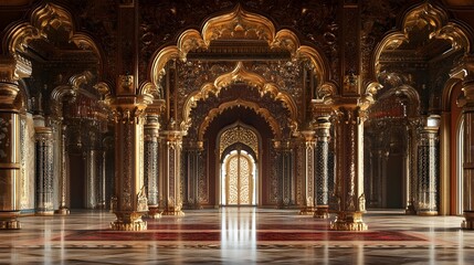 Obraz premium Ornate and Grandiose Ceremonial Archway Adorned with Intricate Gold and Ornamental Designs in the Majestic Interior of an Asian Palace or Temple