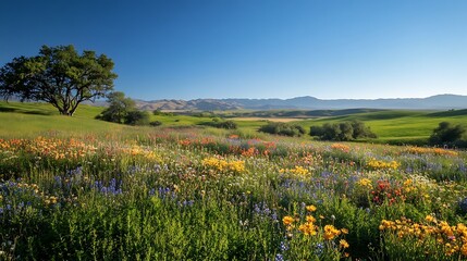 Fototapeta premium Vibrant wildflowers bloom in a lush green field, under a clear blue sky, with a lone tree and distant mountains.