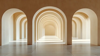 Architectural interior featuring a symmetrical pattern of arched passageways in a clean minimalist museum setting  The space is characterized by a harmonious balance of light shadow