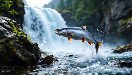 Fototapeta premium Salmon Leap: Dramatic Waterfall Scene, Vivid Aquatic Art