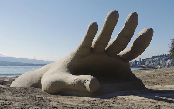 A sand sculpture of a giant hand emerging from the beach, fingers stretching skyward 