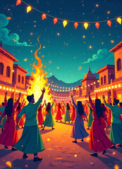 Vibrant Lohri Festival Celebration: Abstract Illustration of Punjab's Cultural Heritage. Joyful Depiction of Music, Dance, and Bonfire Traditions new image