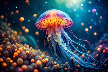 Mesmerizing Deep Sea Jellyfish with Bokeh, Bioluminescent Ocean Life Stock Photo