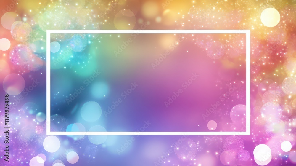 Poster vibrant bokeh overlay with sparkling particles and a white rectangular frame for content