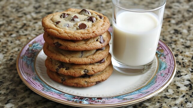 Chocolate chip cookies stacked neatly on a vintage plate with a glass of milk