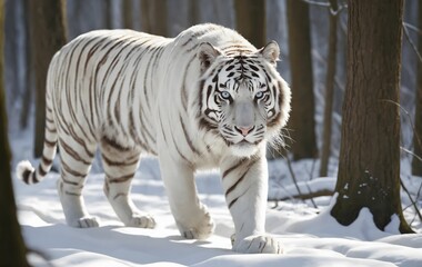 Captivating White Tiger Prowling Through Snow in Stunning Wildlife Photography