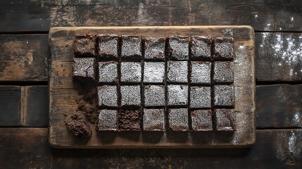 Chocolate brownies with a dusting of powdered sugar on a rustic cutting board