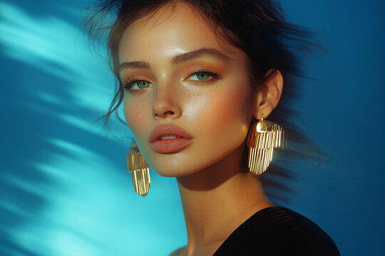 Fashionable and stylish woman in trendy jewelry big earrings. Fashion look, beauty, and style.