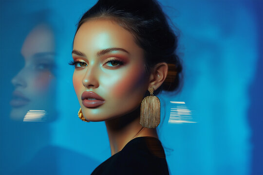 Fashionable and stylish woman in trendy jewelry big earrings. Fashion look, beauty, and style.