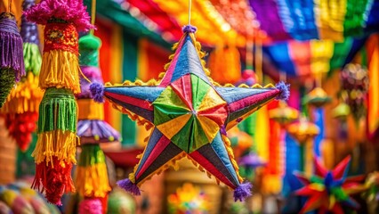 Fototapeta premium Mexican Fiesta: Star-Shaped Piñata, Vivid Colors, High Depth of Field