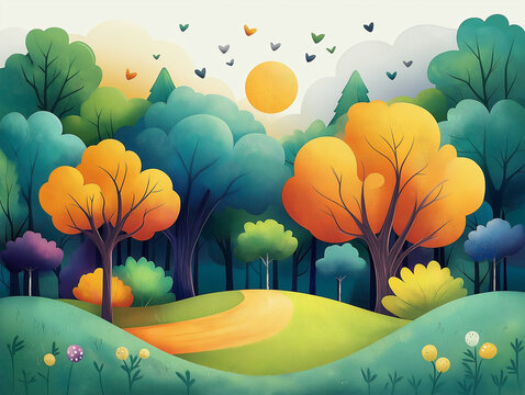 Clipart style 3D green forest background. 