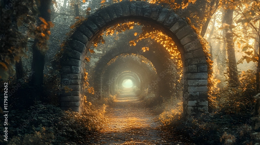 Poster enchanting forest path framed by ancient stone arches illuminated by soft morning light filtering th
