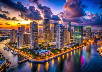 Obraz premium Miami Downtown Night Aerial Drone Photography: Stunning Cityscape View