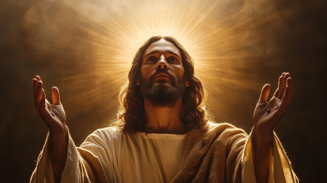 A man with long hair and a beard is holding his hands up in the air
