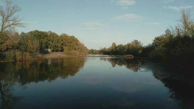 Volga river reflecting autumn colors at sunset