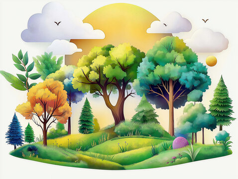 Clipart style 3D green forest background. 