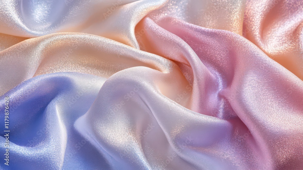 Poster pastel dreams, flowing silk fabric with shimmering iridescent colors creating a soft abstract textur