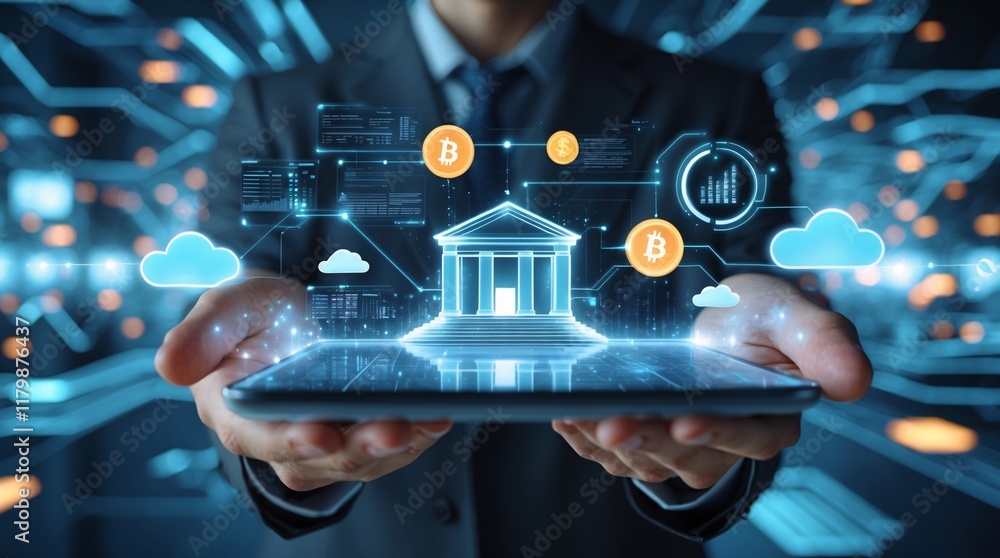 Poster the future of finance: a businessman holds a tablet displaying a futuristic bank building, symbolizi