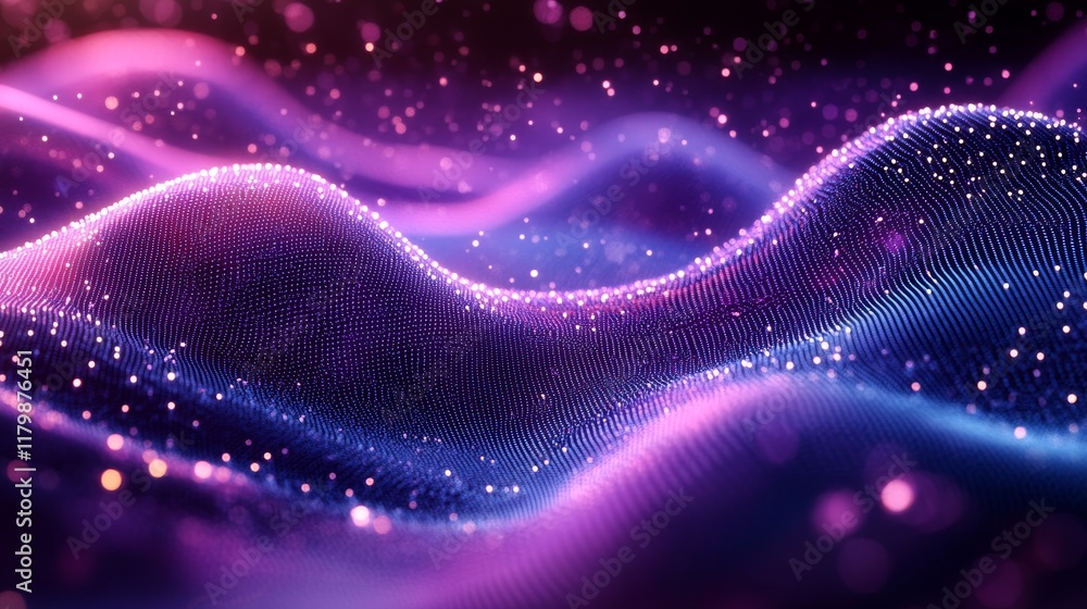 Poster abstract glowing purple waves with particles .