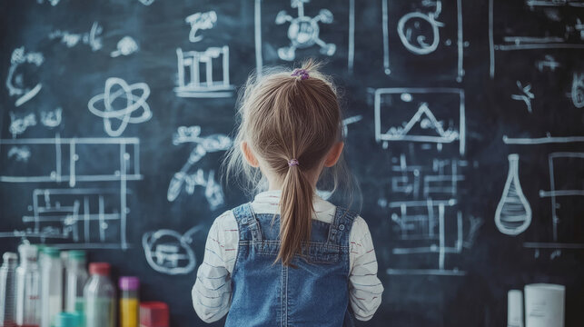 Kid's learning inspiration world in science education with girl child's imagination doodle on teacher's school chalkboard for back to school month and international or universal children's day concept