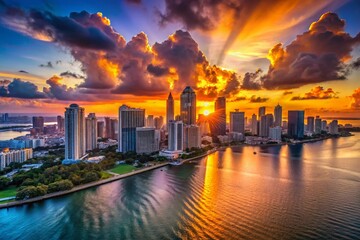 Obraz premium Miami Skyline Silhouette at Sunset - Drone Photography