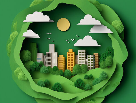 Renewable and sustainable energy in the paper art style. A green city with trees, buildings, wind turbines