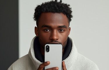 Young African man sending voice message via smartphone. Solid simple isolated background.