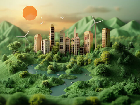 Renewable and sustainable energy in the paper art style. A green city with trees, buildings, wind turbines