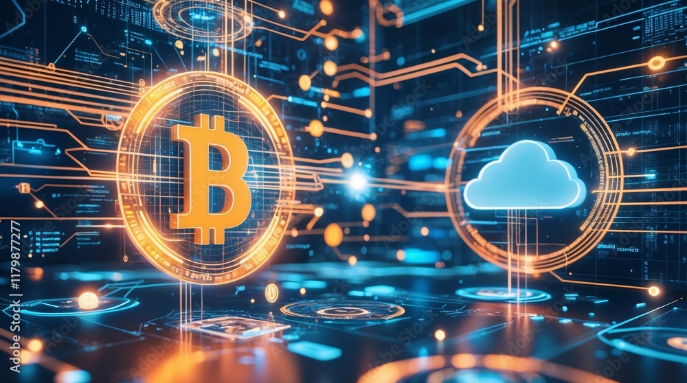 Poster bitcoin and the cloud: a futuristic and abstract digital illustration depicting the convergence of b