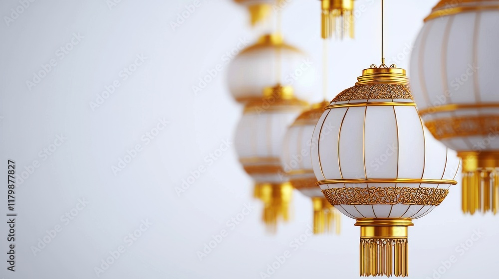 Poster a close-up view of elegant hanging lanterns featuring a white and gold design, creating a warm and i