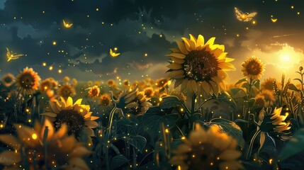 Fireflies lighting up a field of tall sunflowers at dusk, with the soft light reflecting off the petals.