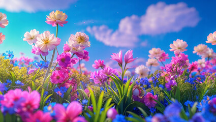 Colorful flowers blooming under a blue sky