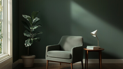 Cozy Living Room with Dark Green Wall and Plush Armchair